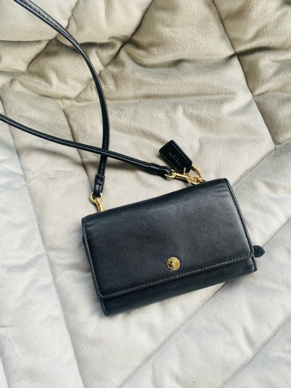 Coach Black Leather Compact Crossbody with Gold Hardware